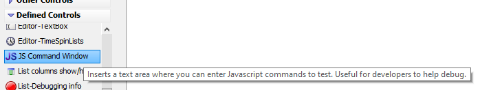 JS Command Window in Defined Controls